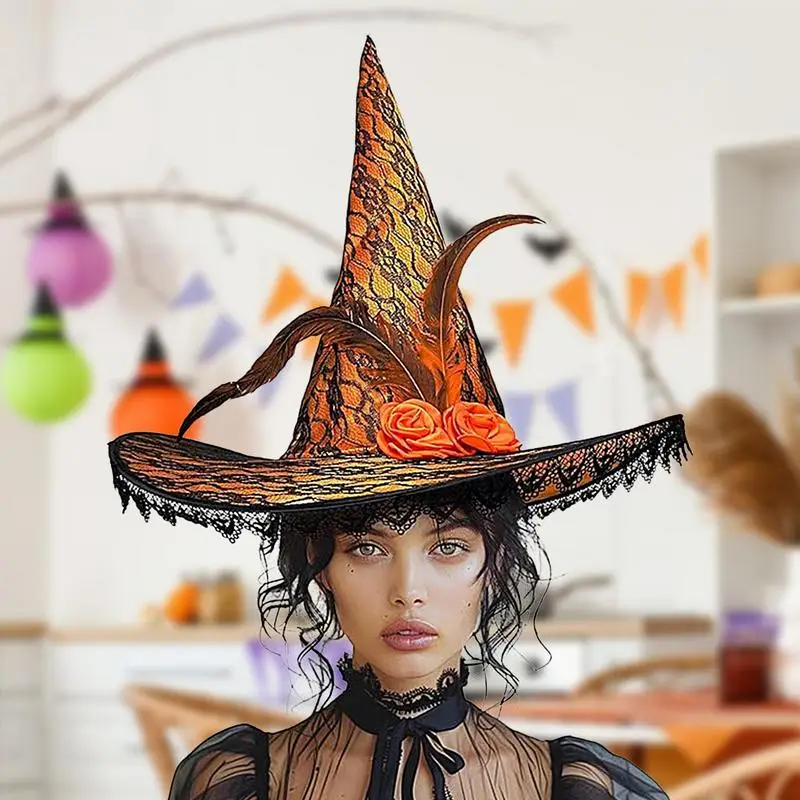 Witch Hat Wizard Costume Adult Hat With Lace Brim For Halloween Women Costume Party Cosplay Accessories For Party