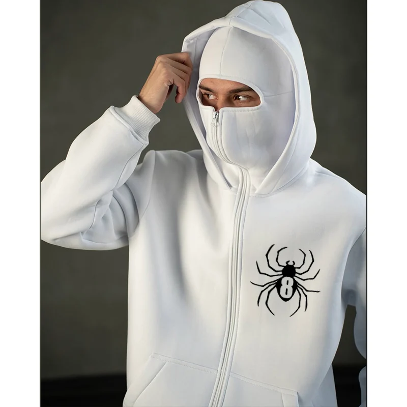 

Spring Men Women White Zip Hoodie Face Mask Spider Pattern Print High Street Casual Unisex Style Loose Sweatshirts Outerwear