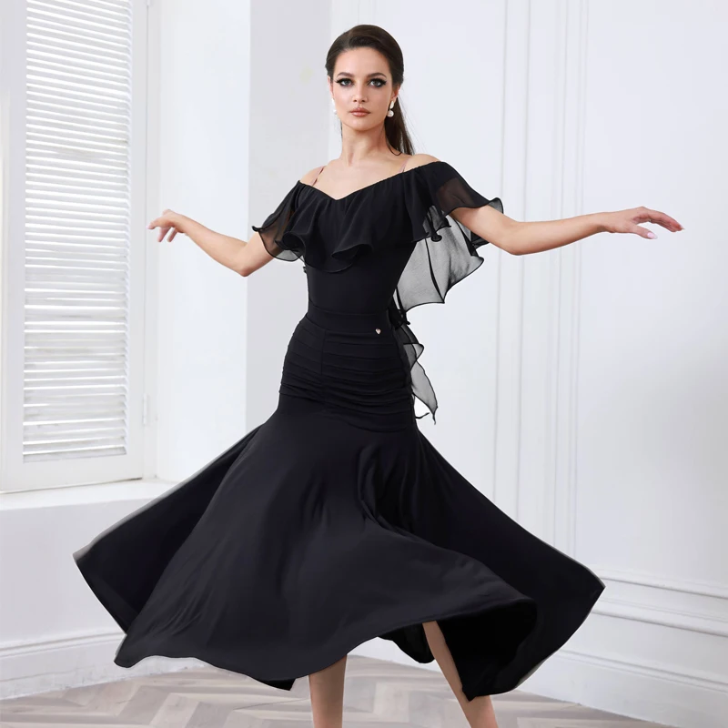 Waltz Ballroom Dance Competition Dresses Ruffled Sleeves Latin Top Samba Skirt Women Rumba Latin Dance Performance Costume 13563
