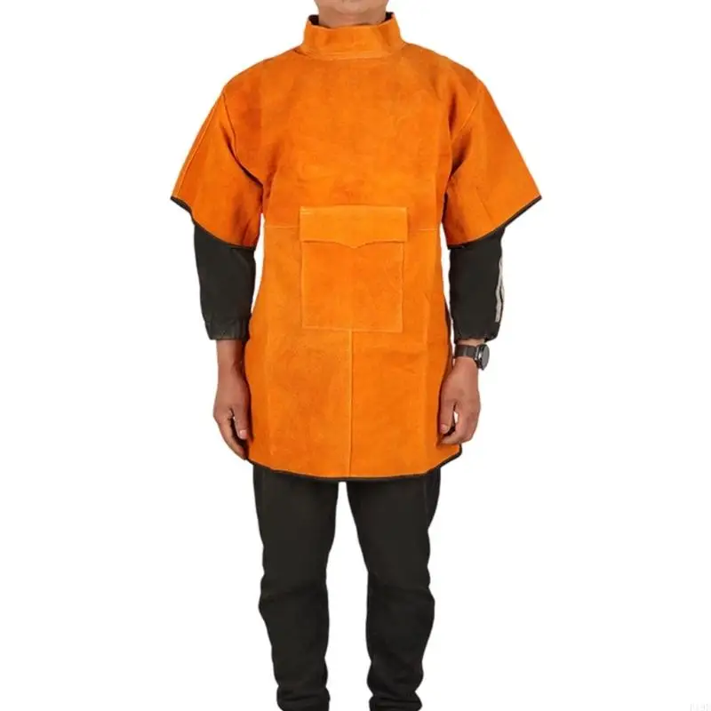 Leather Welding Apron High Collar Shop Apron with Adjustable Back Straps and Front Pocket for Welding and Metalwork F19E