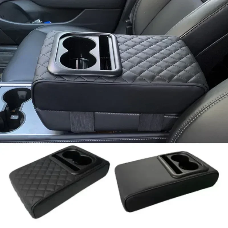 

Auto Center Console Armrest Cushion With 2 Cup Holder PU Leather Armrest Pad Portable Car Amrest Pillow Cover Height Pad