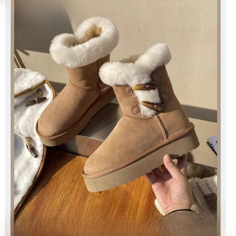 

Women's Thi Bot Snow Boots Winter New Sle Fur Inteated Fce Lined Plu eep Horn Bule Northeast Cotton oes