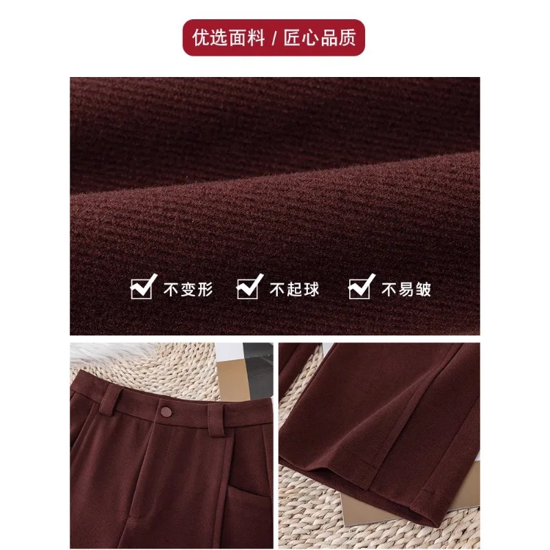 سراويل صوفية زرقاء داكنة للنساء والشتاء، مقاس نحيف أنيق، سراويل مستقيمة فضفاضة غير رسمية