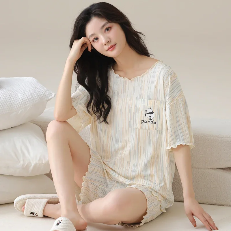 Women's Ice Silk Cartoon Short Sleeve Pajamas Set Summer Thin Loungewear Summer Korean Version Student Korean Sleepwear