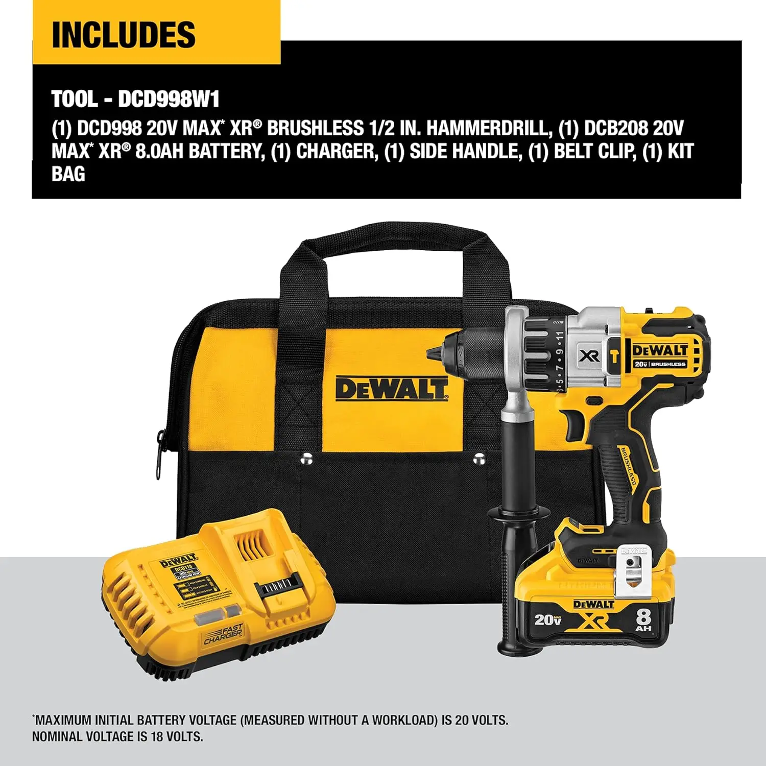 DEWALT 20V MAX XR Hammer Drill/Driver Combination Kit with Power Detect Tool Technology, 1/2 Inch, Battery and Charger Included