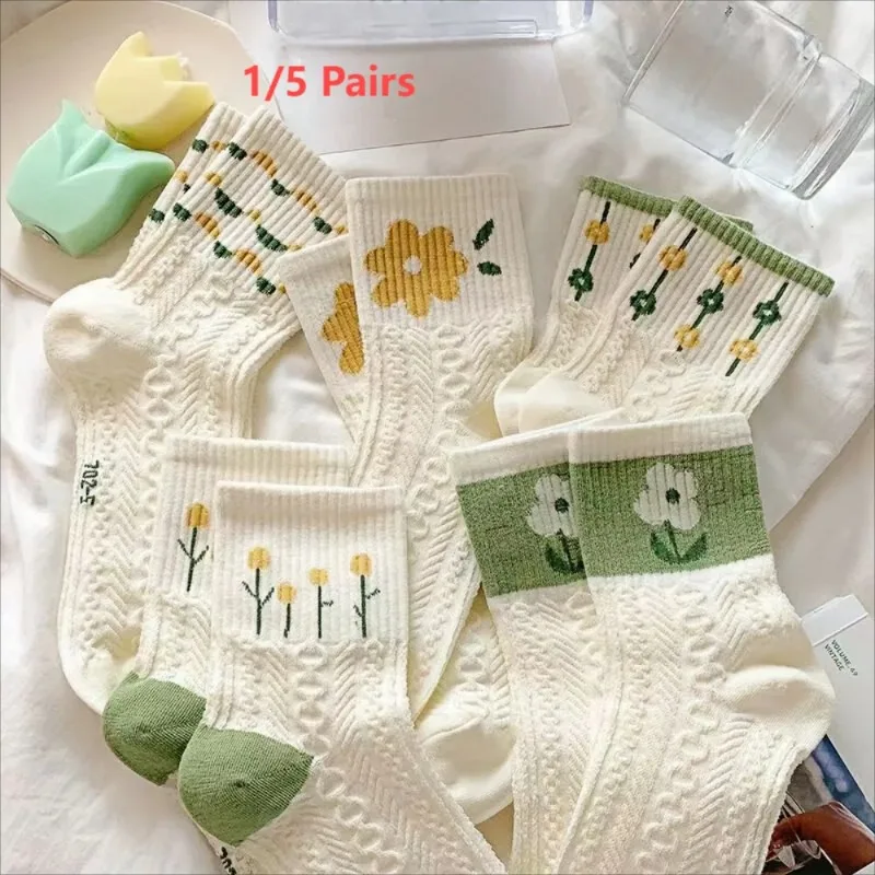 5 Pairs Socks Women Green Fresh Medium Length Summer New Plant Flower Short Socks Sweat Absorbing and Odor Proof Socks New