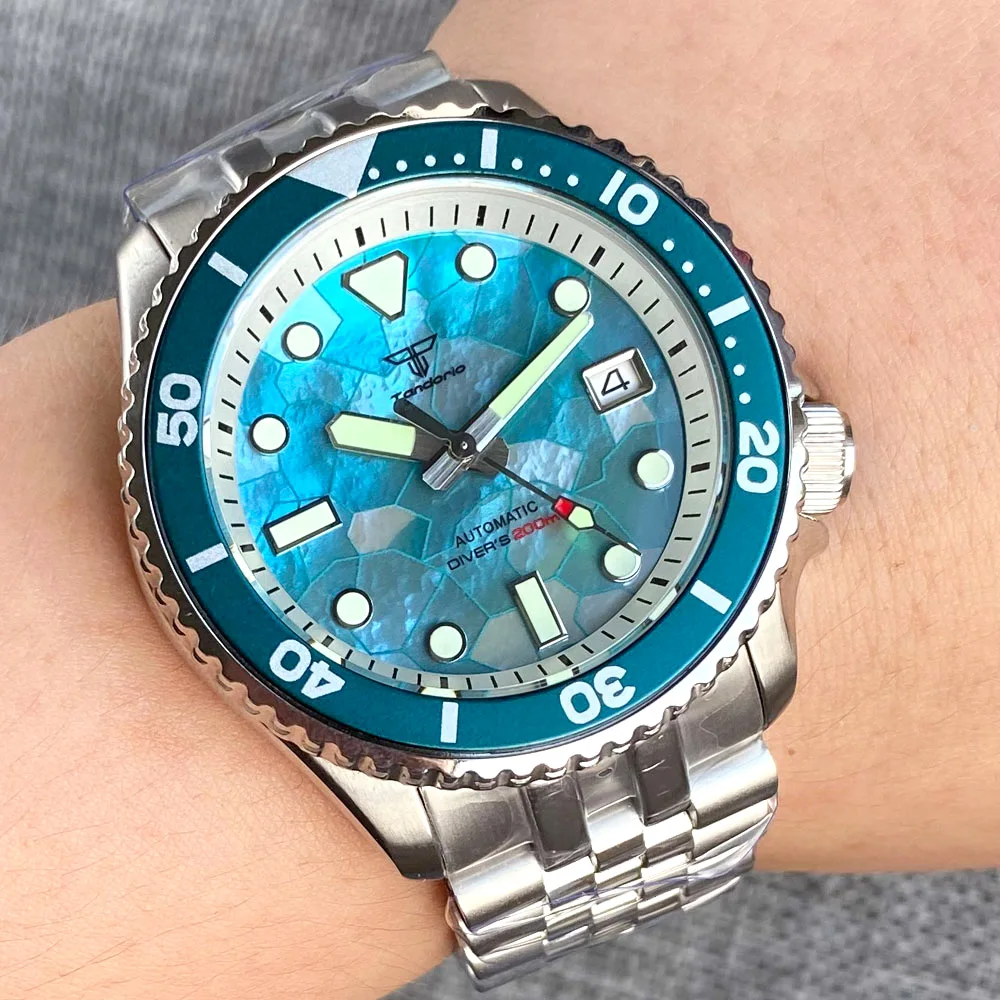 Skx MOD นักดำน้ำ NH35นาฬิกากลไกเหล็กไม้ถูพื้นสีฟ้าน้ำแข็ง120ฝา20bar ดำน้ำกันน้ำ relogio masculino