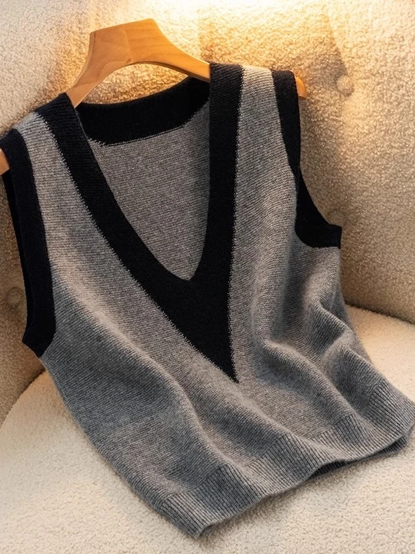 V-Neck Knitted Woolen Vest Women's Fashionable Base Layer Top Spring Autumn Brandless Commute Style Warm Loose Fit