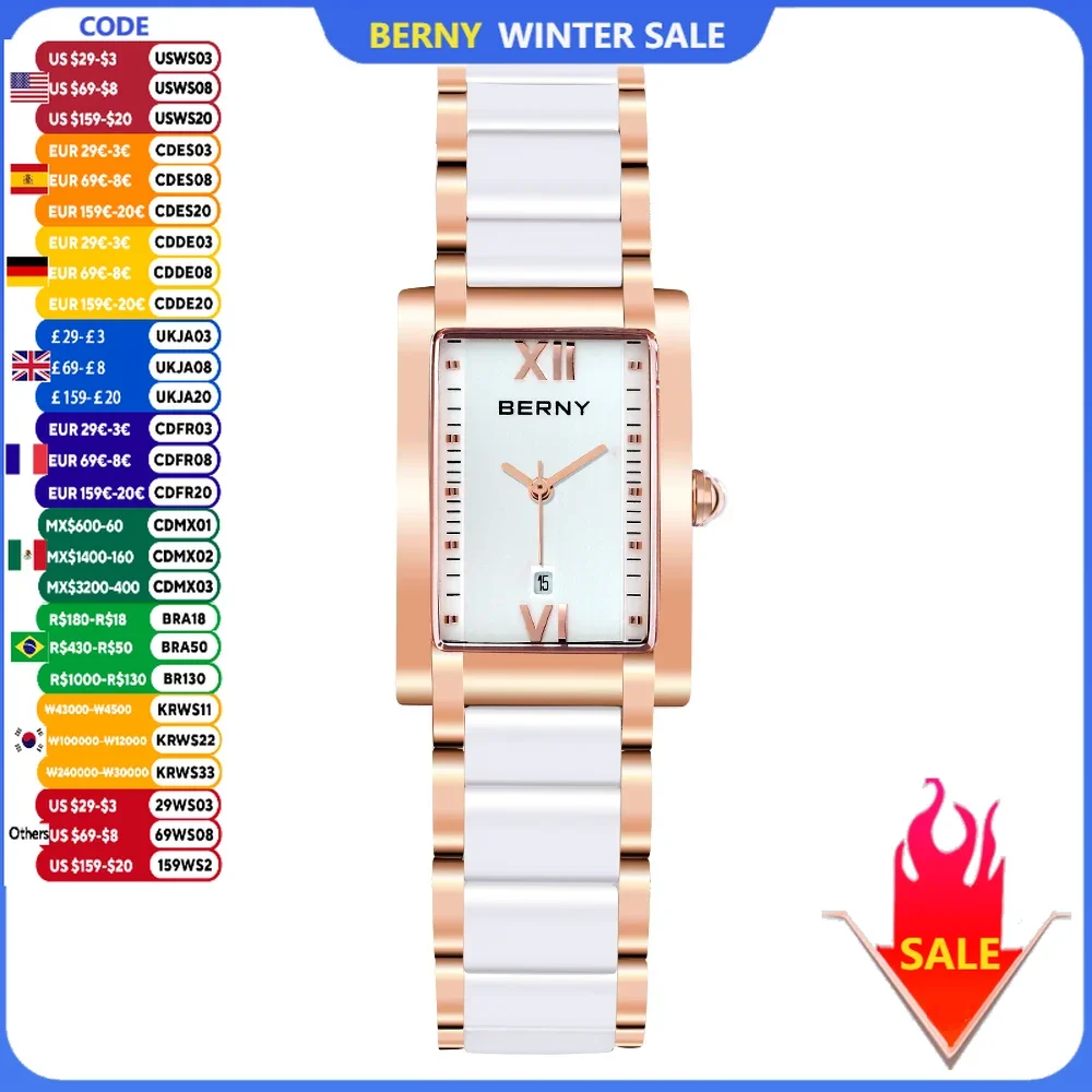 Relojes BERNY para mujer, calendario, fecha, elegante, clásico, rectangular, cerámica, reloj de cuarzo para mujer, reloj de pulsera de lujo TANK a