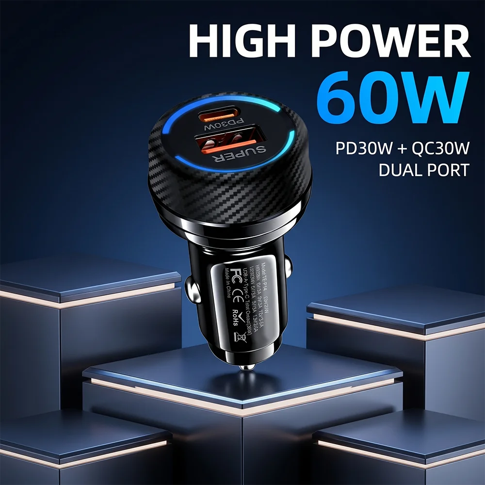 60W Fast Car Charger Dual Port PD 30W Type C & QC 30W USB A Adapter with LED Ring Light Carbon Fiber Texture For 12-24V Vehicles