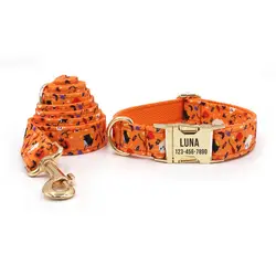 Personalized Dog Collar with Free Engraving, Matching Pet Leash,Customzied Contacts Metal Buckle,Orange Halloween Puppy Collar