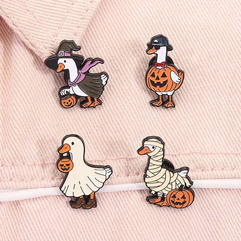 Just A Boney Goose Skeleton Enamel Pins Spooky Halloween Goose Skeleton Pumpkin Brooches Lapel Badge Jewelry Gifts for Friends