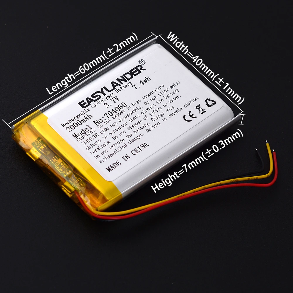 3Wires 3.7V 2000mAh 704060 Lithium Li-ion Lipo Polymer Battery  304060 404060 504060 604060 104060 804060 904060