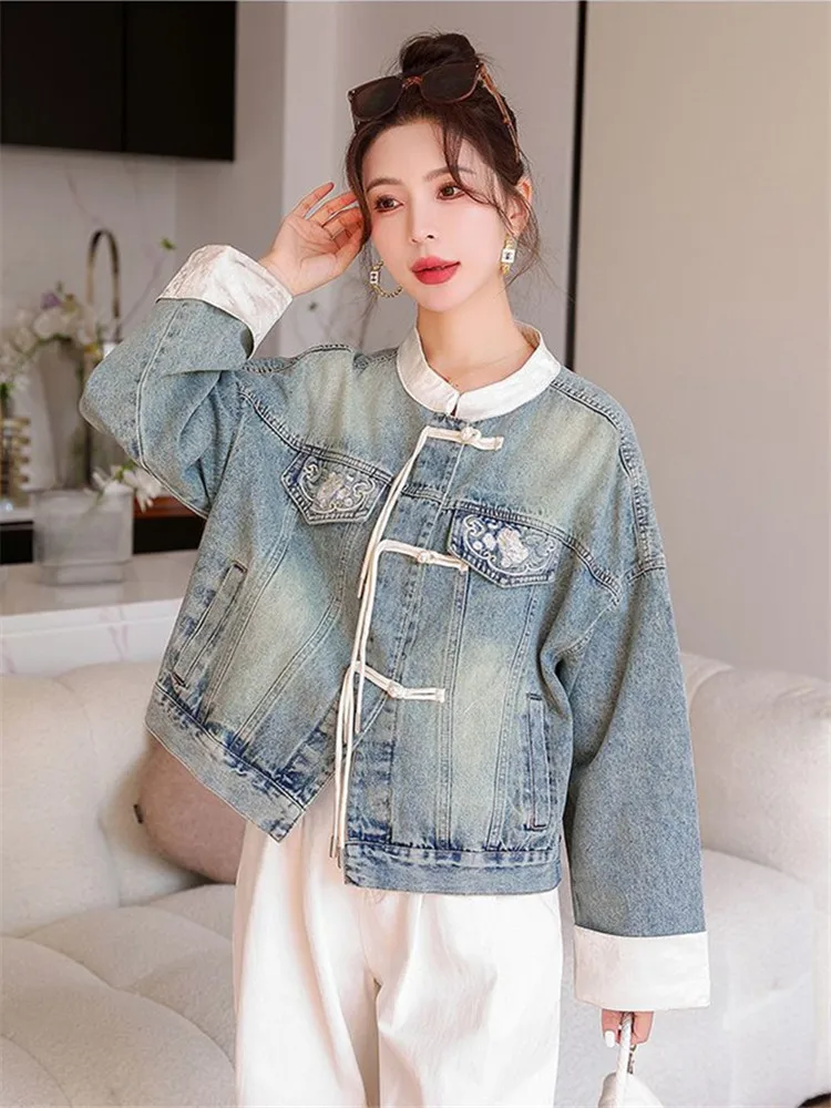 Imagem -05 - Jaqueta Jeans Bordada Estilo Chinês para Mulheres Terno Casual Tang Roupas Femininas Fivela Discante Outwear para Primavera e Outono Nova