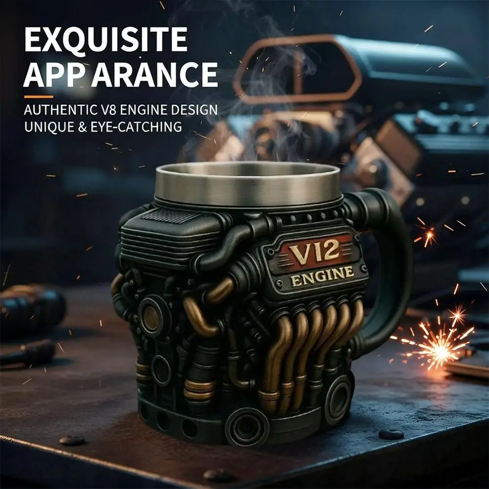 Motoren Edelstahl Tasse handgemachte V12 Motoren Kaffeetasse für Autoliebhaber Teetasse für Zuhause oder Büro Einzigartige 3D-Geschenke