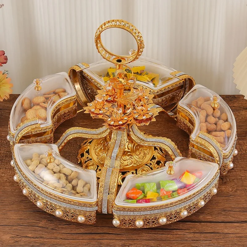 Lidded Metal Snack Plates European Luxury Dried Fruits Plate Golden Rotatable Divided Elegant Snack Plates Kitchen Tableware