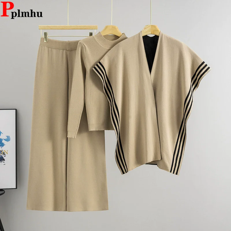 

Elegant New Knitted 3 Piece Sets Women O-neck Sweater Tops+knitted Shawl Conjuntos Elastic High Waist Straight Pants Outfit New