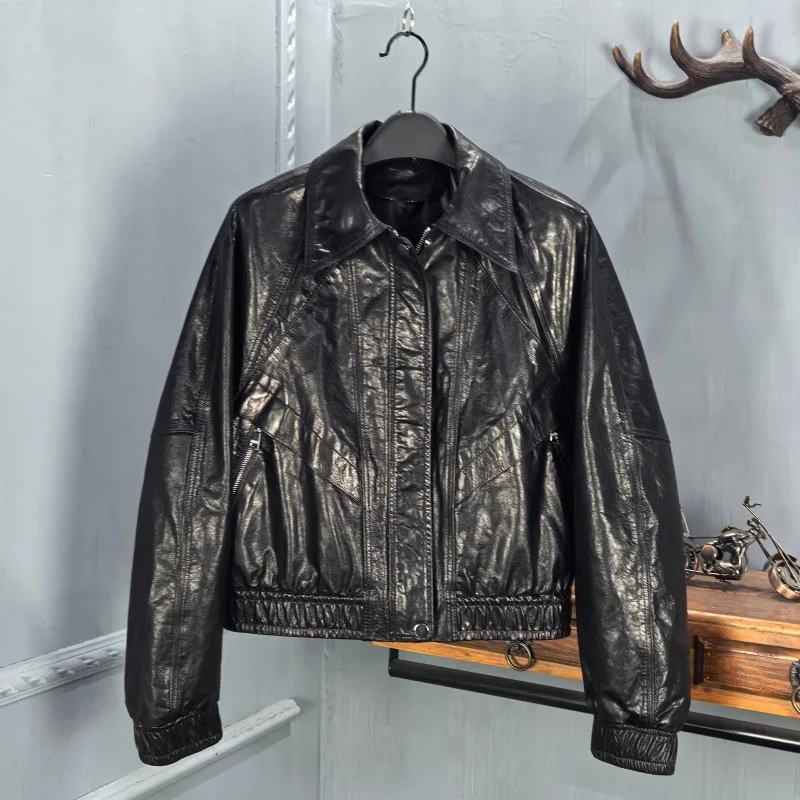 

Весна 2026: Женская короткая куртка из вощеной кожи в американском ретро-стиле, мотоциклетная, на молнии, с длинными рукавами и отложным воротником