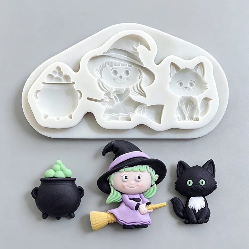 Halloween Hexenkatzen-Kessel Silikonform für Zuckerguss, Harzwerkzeuge, Cupcake-Backform, Fondant-Kuchendekorationswerkzeuge