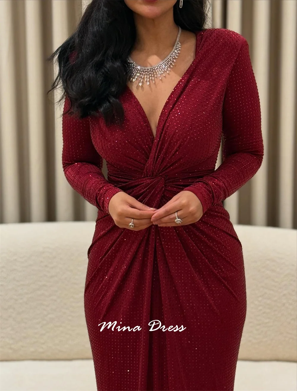 فستان سهرة عربي مخصص برقبة على شكل حرف V من مينا، فساتين نسائية أنيقة فاخرة وأكمام طويلة للمناسبات الخاصة، حفلة موسيقية