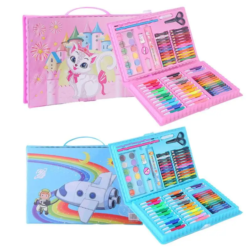 Rosa Blau Kinder Malerei Zeichnung Pinsel Set Graffiti Malen Spielzeug Aquarell Stift Kunst Lernen Schreibwaren Box Kinder Spielzeug 86 Teile/satz