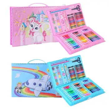 Juego de pinceles de dibujo y pintura para niños, juguetes de pintura con grafiti, bolígrafo de acuarela, caja de papelería de aprendizaje artístico, juguete para niños, color rosa y azul, 86 unidades por juego
