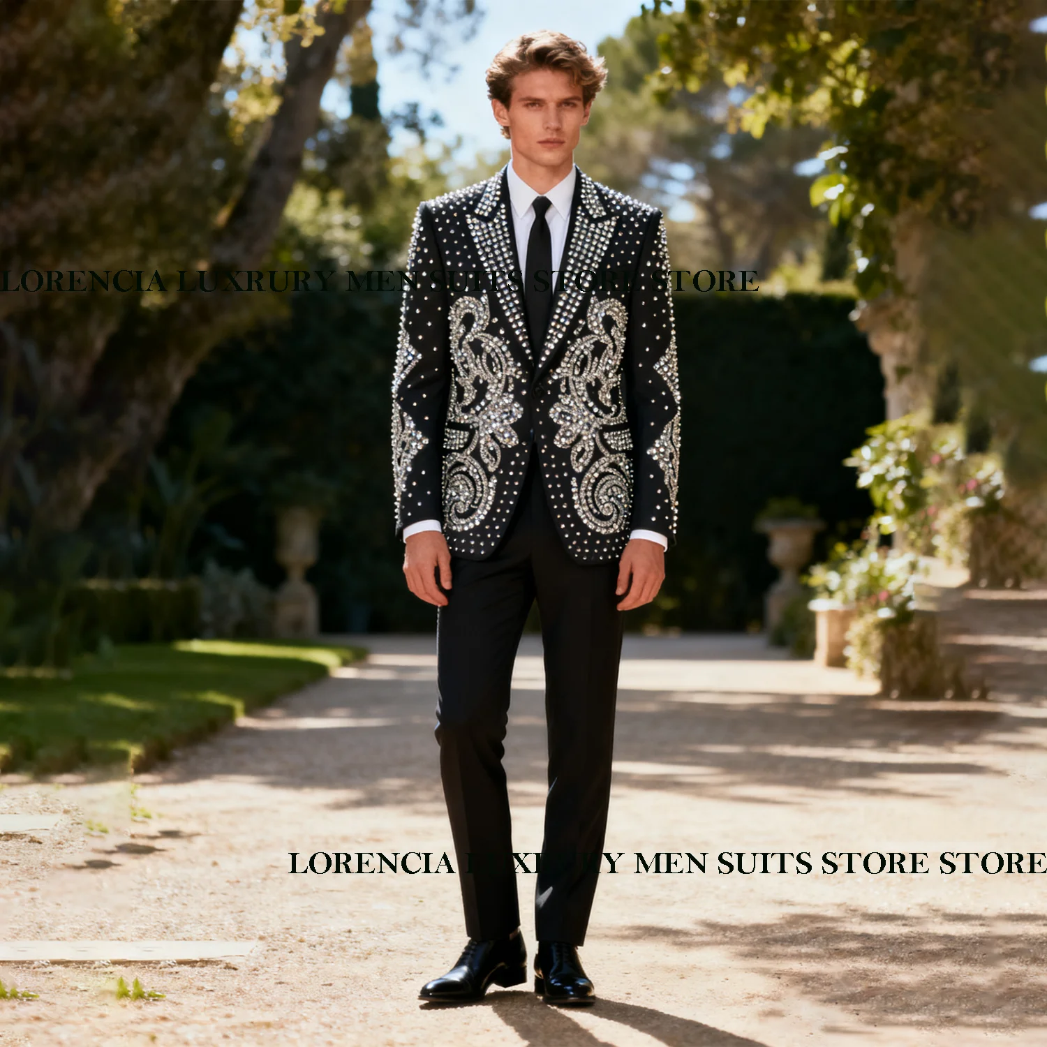 

Elegant Crystal Diamond Men Suits Customized Slim Fit Peaked Lapel Wedding Tuxedos 3 Pieces Sets Ropa hombre Groom Male Blazers