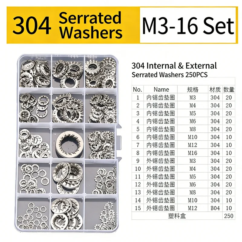 

Набор из 250 шт. внешних зубчатых шайб из нержавеющей стали M3-M16, антивибрационные стопорные шайбы с зубчатым краем
