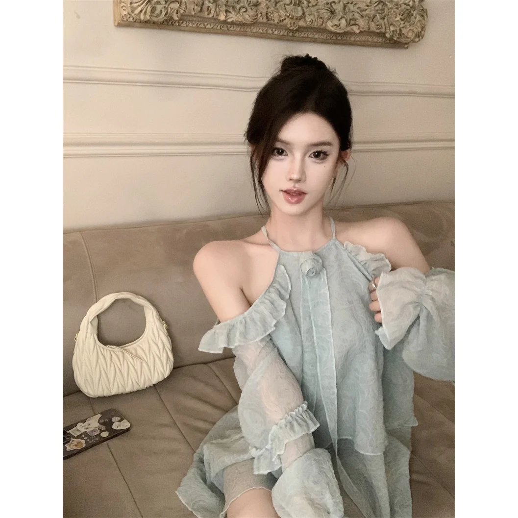 One-shoulder Long-sleeved Halter Neck Off-shoulder Shirt Womenchiffon Shirt Loose Ruffled Top