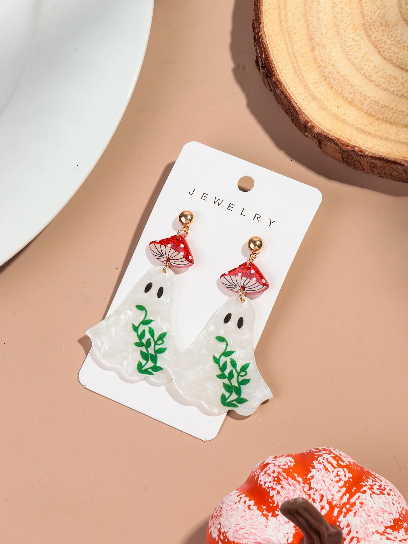 Halloween Cute Mushroom Ghost Acrylic Earrings for Women New Lovely Cartoon Spooky Green Leaves Drop Earring Party Jewelry Gifts