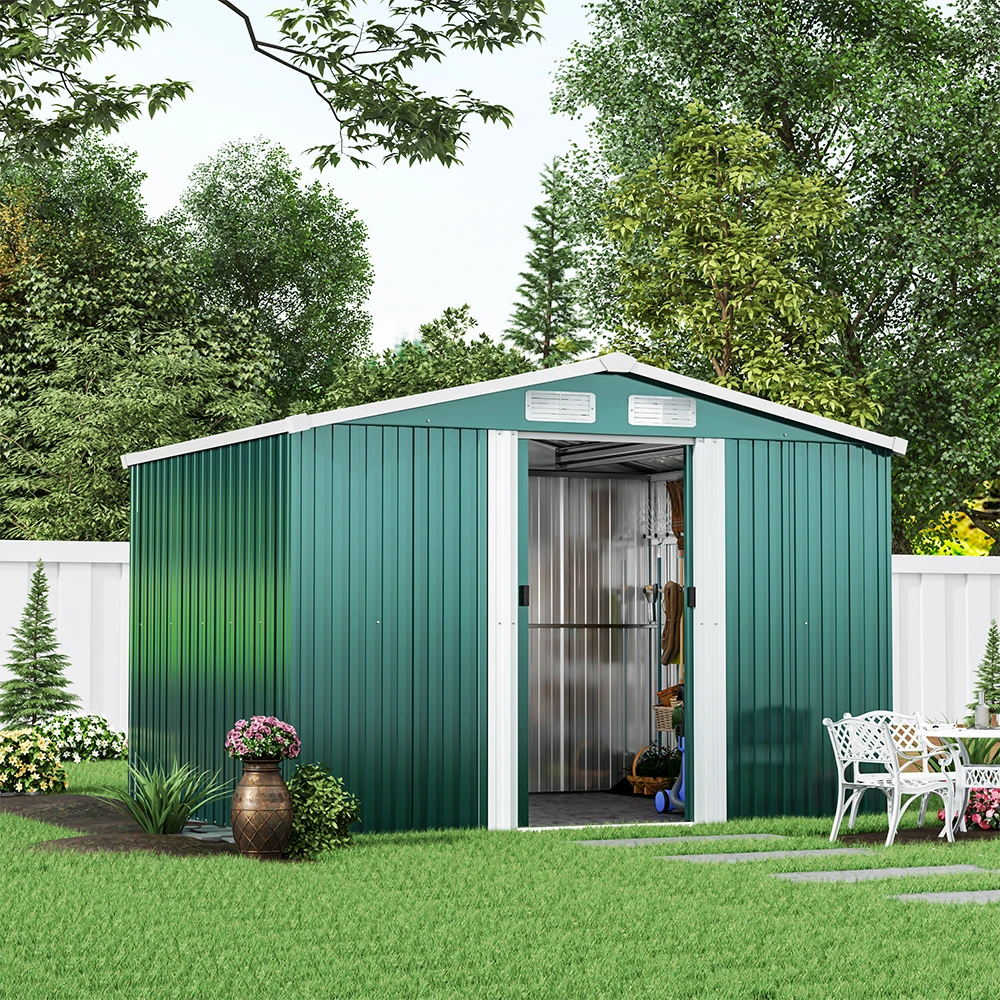 【Breeins】8 X 8 FT Green Outdoor Storage Shed, Metal Large Shed Garden with Air Vent, 2 Slide Door