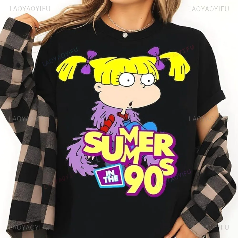 Camiseta Vintage de dibujos animados de Rugrats Angelica de los años 90, camiseta informal holgada de manga corta a la moda para hombre, ropa de calle Harajuku Hip Hop para mujer