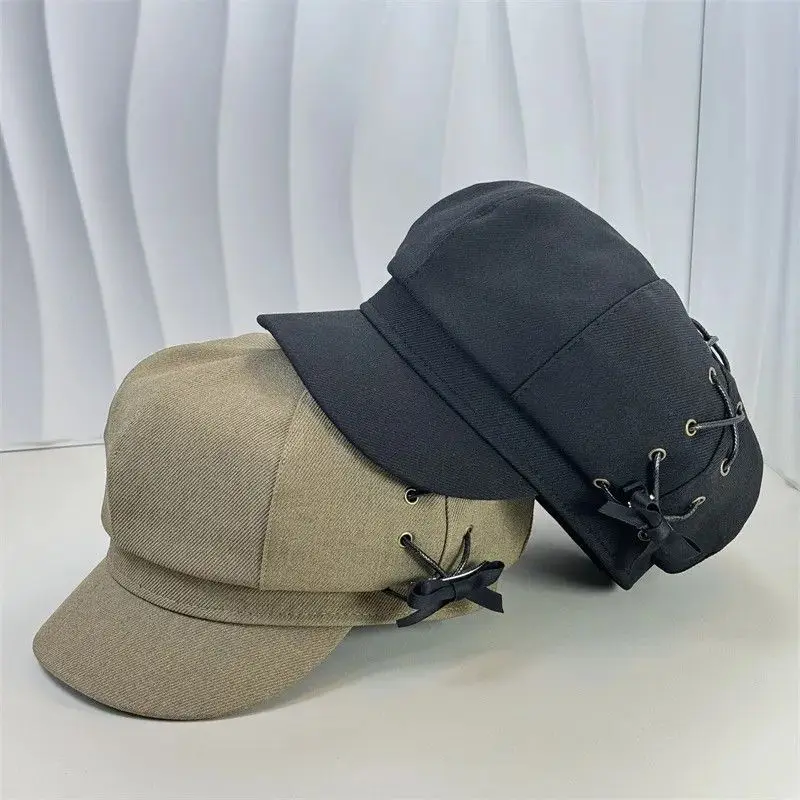 Ribbon-Tied Hair Clip Bow Women'S Black Octagon Hat Vintage Face Small Fashion Newsboy Cap