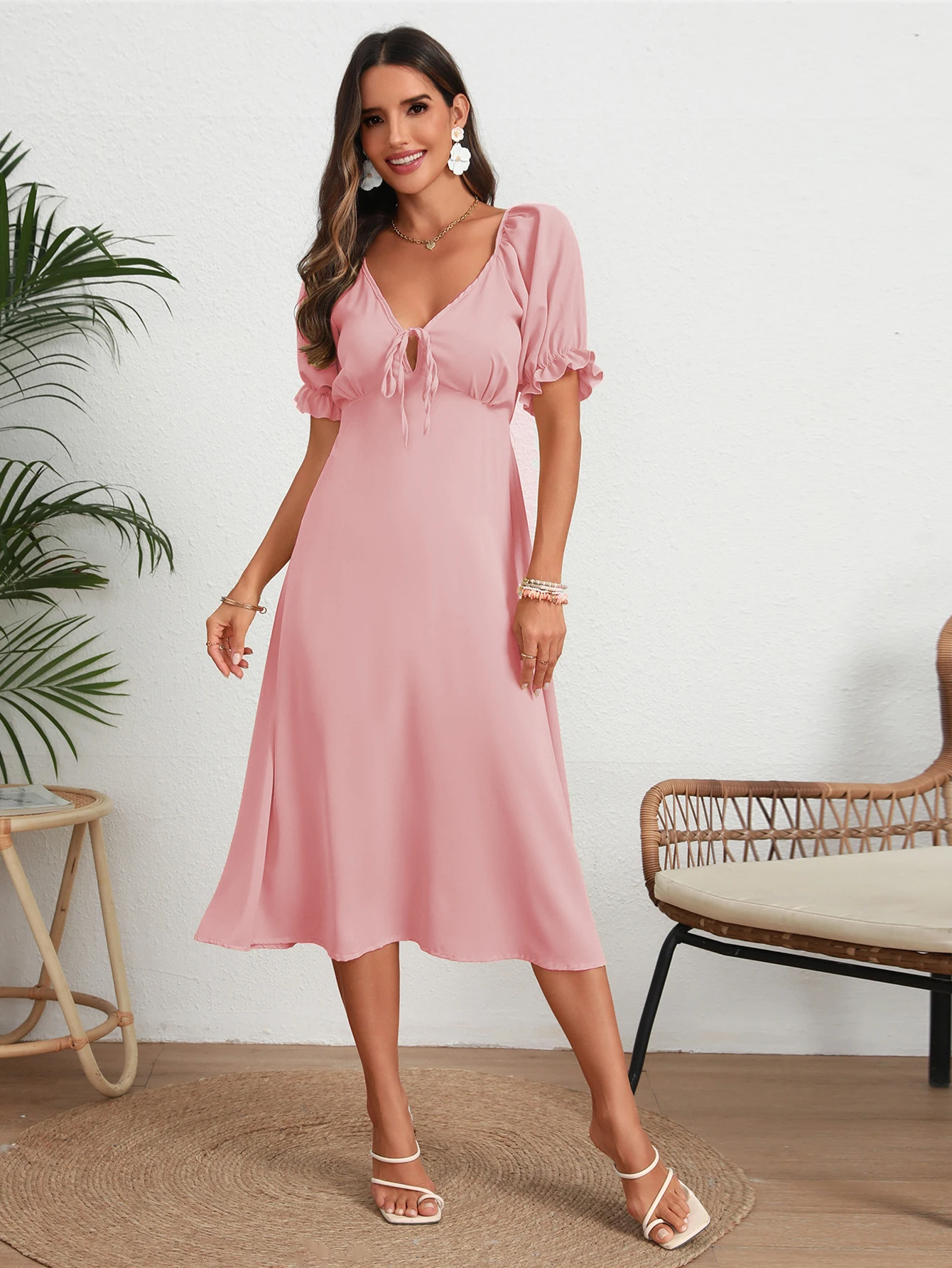 Summer Solid Color Elegant Women's Dress New Back Lace Up Deep V Neck Lantern Sleeve Long Dresses