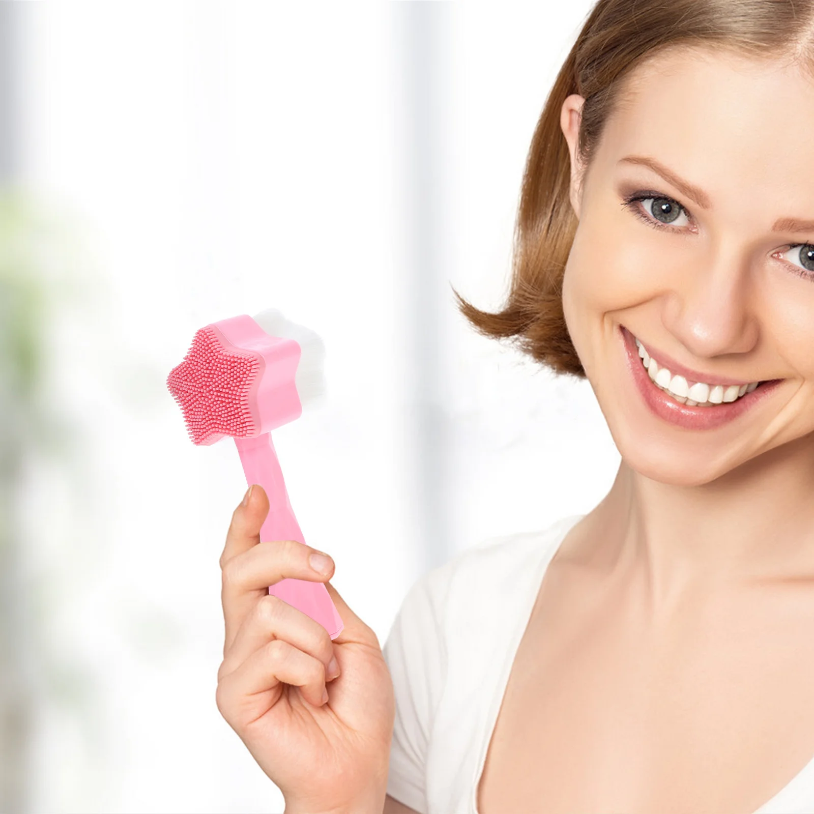 Spazzola per il viso manuale Spazzola per la pulizia del viso portatile in plastica Strumento per la cura della pelle Detergente per massaggio viso per donne Rosa