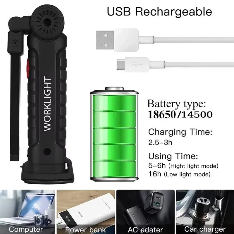 LED Flashlight Rechargeable Work Light Hanging Hook Magnetic with Builtin Battery USB Portable Flash Light Camping Repair Torch