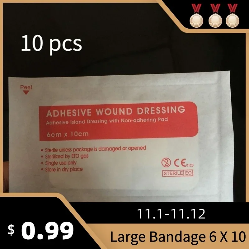 Vendaje no tejido hemostático para heridas, vendaje grande, almohadilla de gasa de 6x10CM, tiritas médicas, yeso adhesivo de primeros auxilios para hemostasia, 10 Uds.