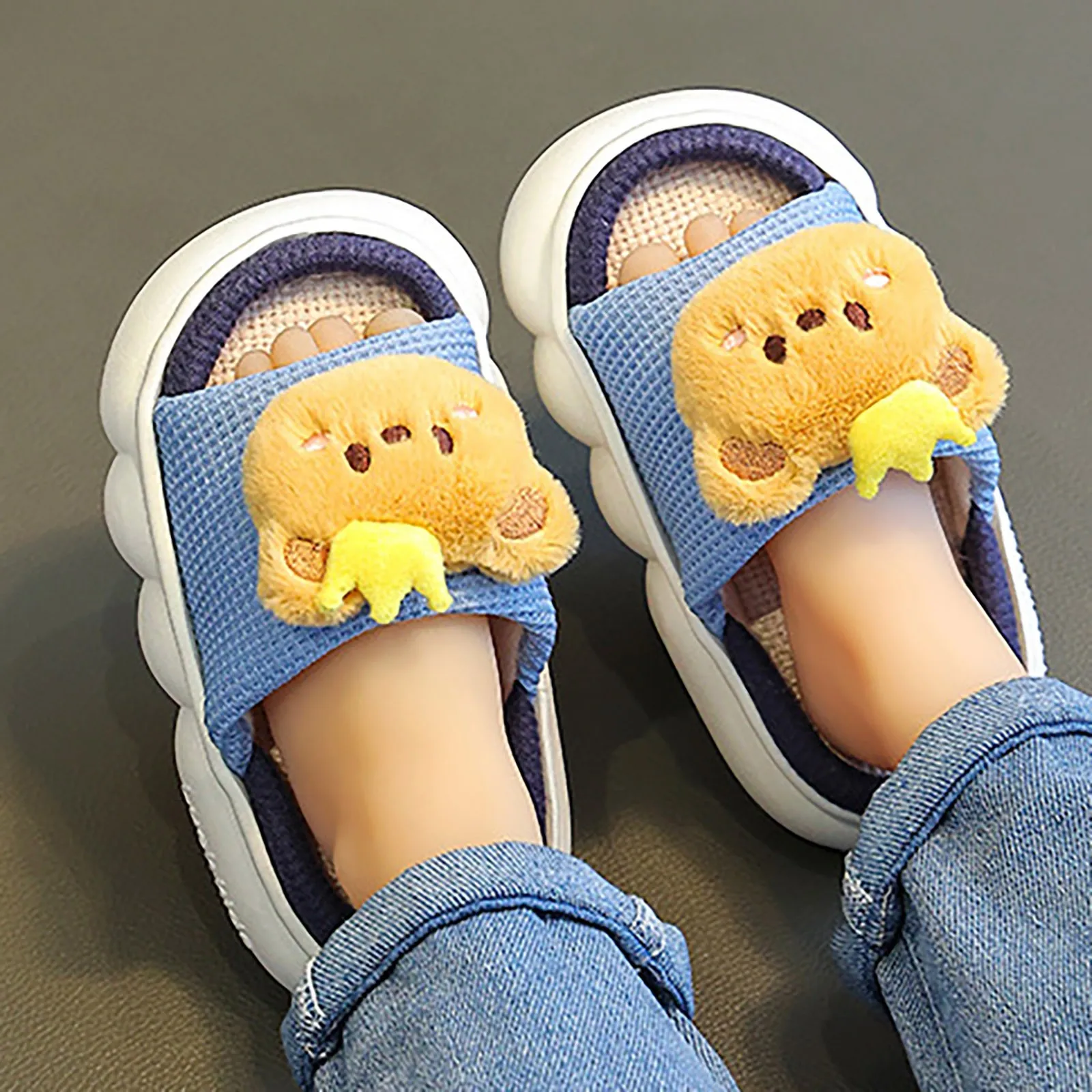 Cartoon Bear Children Four Seasons Slippers Cute Indoor Cotton Shoes For Boys Girls Toddler Open Toe Soft Sole Toddler Slippers