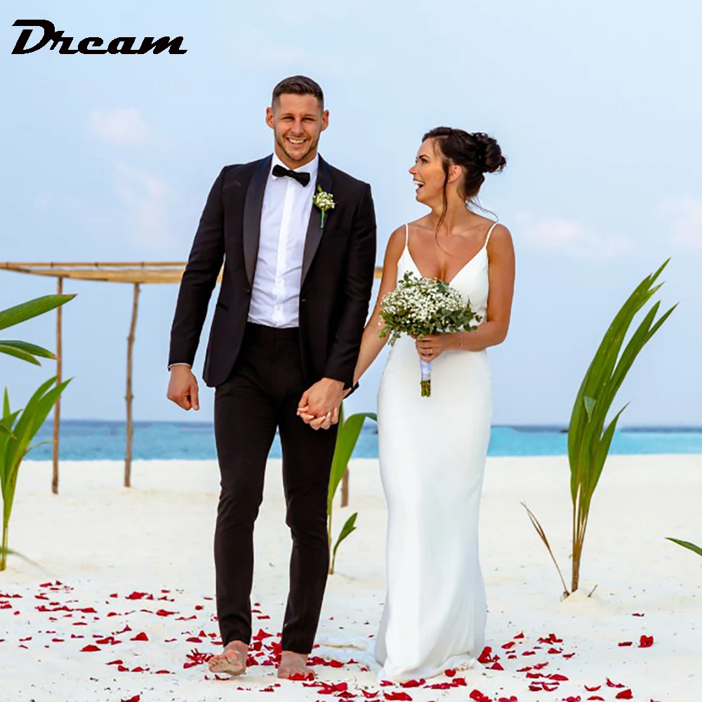 Dream personalizado elegante decote em v sereia vestido de casamento alças espaguete renda cowl drapeado volta sem mangas praia simples vestido de noiva