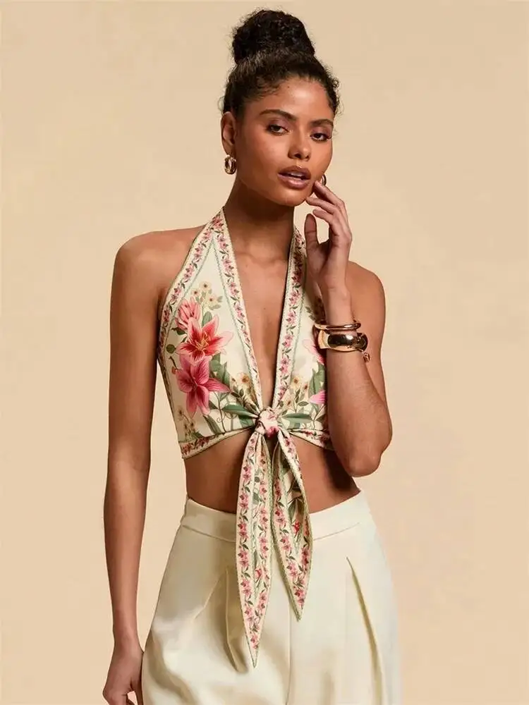Sexy nó frente halter colheita para mulheres verão sem mangas gráfico floral impresso decote em v sem costas regata y k roupas