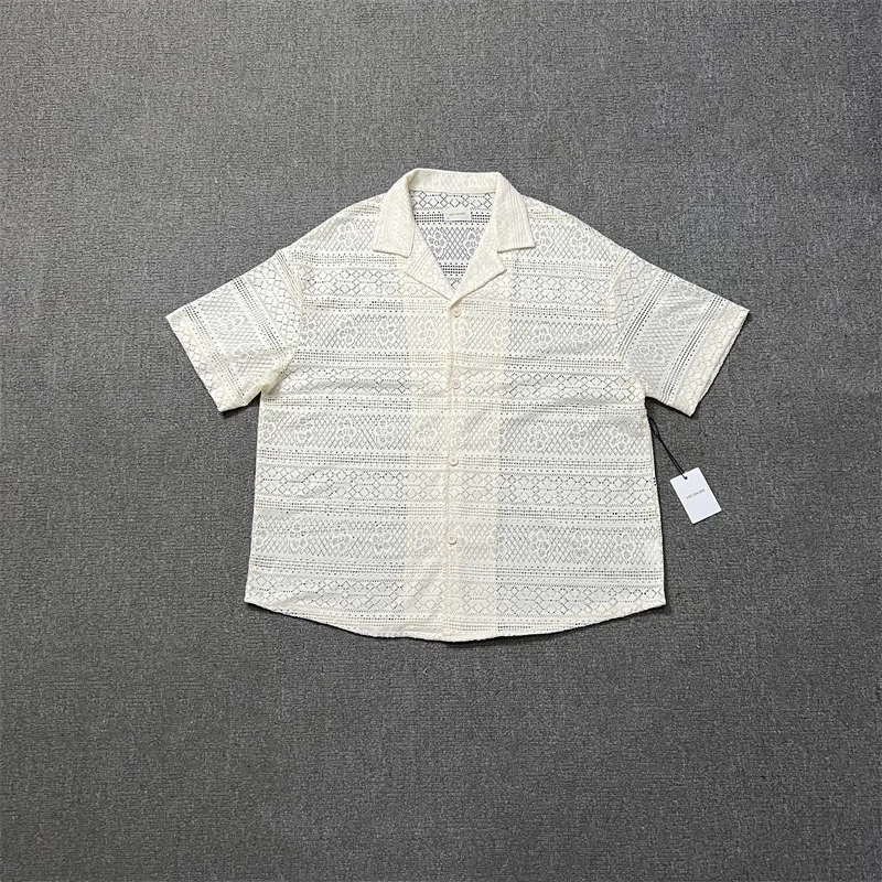 

American Style Floral Hollow Design Short Sleeve Loose Shirt Unisex Summer Trendy Casual Cotton Top for Men And Women