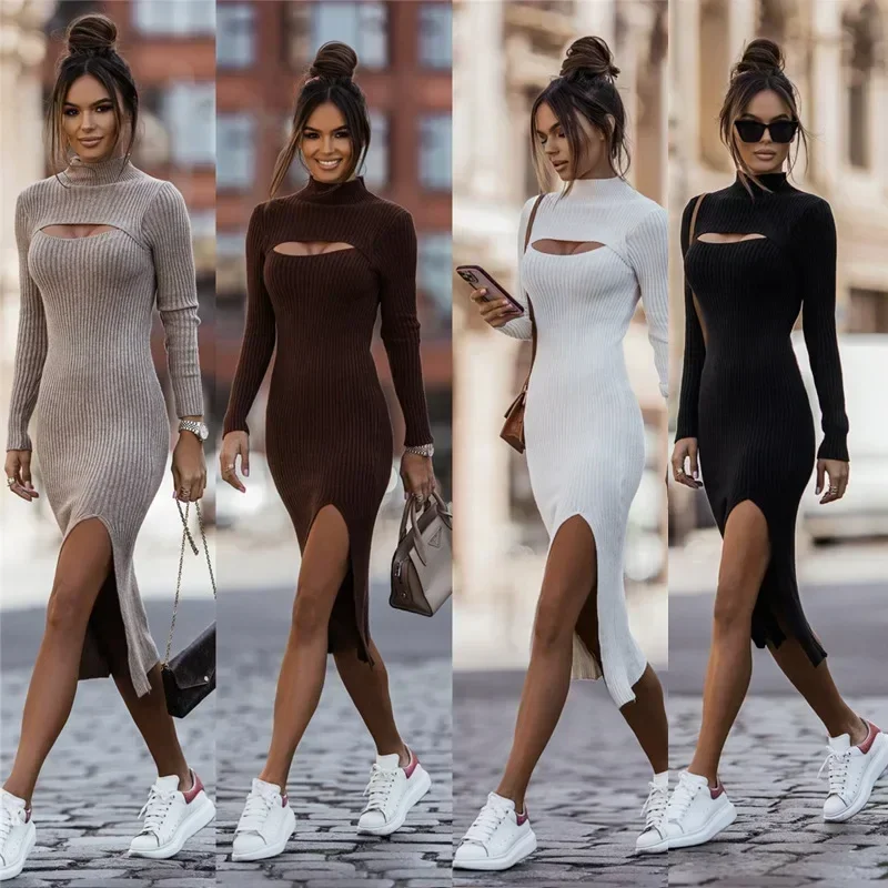 Sexy bodycon-jurk, elegante casual bodycon lange mouwen, hoge halslijn, gebreide uitgesneden midi-jurk, geribbelde midi-sweaterjurk