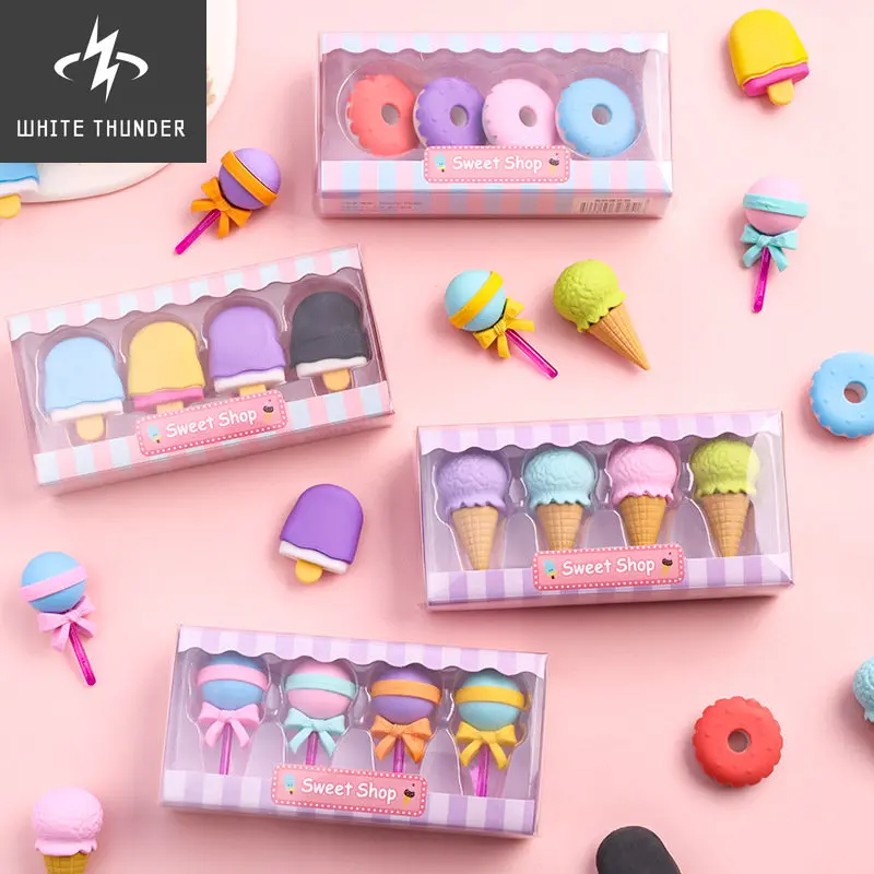 4pcs Yummy Dessert Erasers Set Mini Lollipop Icecream Popsicle Donuts Rubber Pencil Eraser for Kids School Student Award eraser