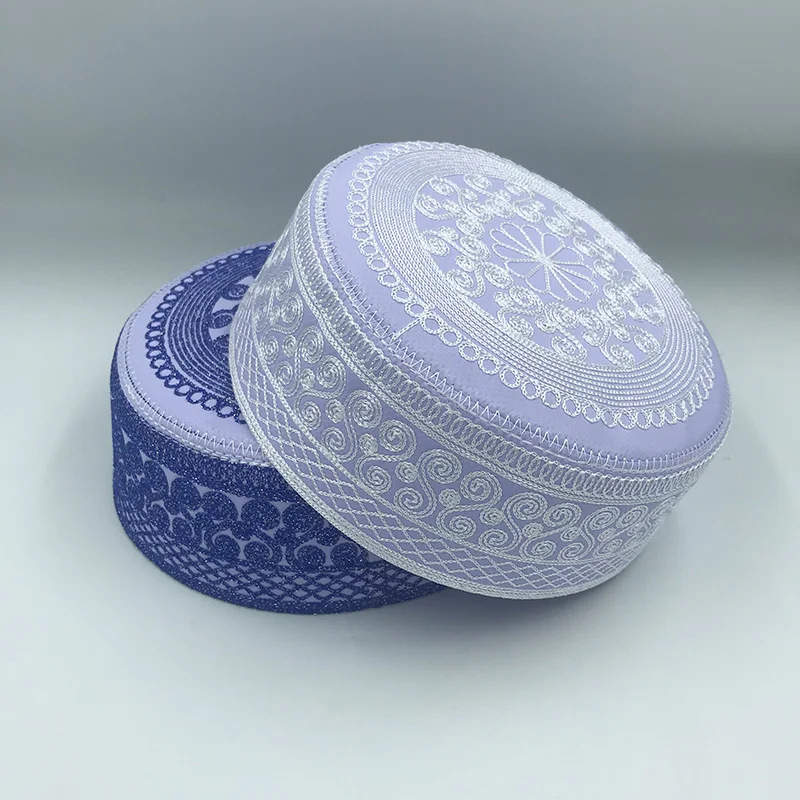 Summer Muslim Caps Men Prayer Caps Round Edge Flat Top Exquisite Embroidery Islamic Headgear Saudi Arabia Turban Jewish Hat 5