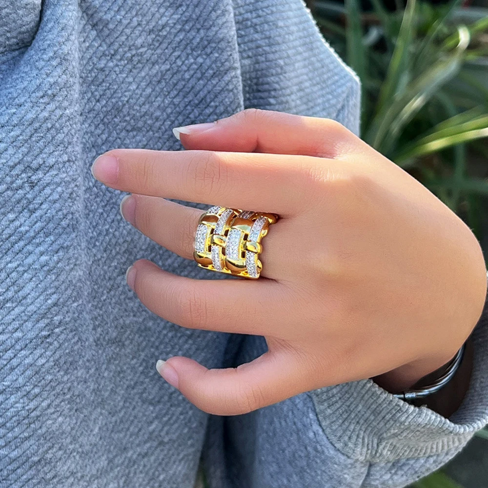 Pera Luxury 2 Tone Gold Color CZ Big Chunky Cross Line Bride Talk Frosted Finger Rings Pretty Bridal Jewelry Accessories E219