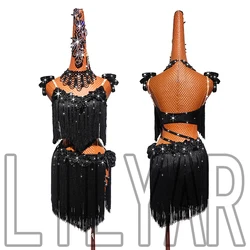 New Latin Dance Competition Performance Adult Black Fringe Waist Black Embroidered Flash Diamond High-Grade Dance Dress