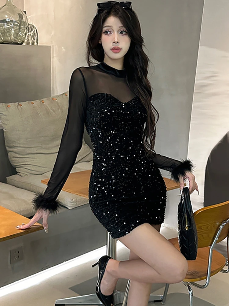 2025 Black Sequins Velvet Patchwork Mesh Sheer Sexy Dress Women Elegant Hip Wrap Short Dress Autumn Winter Korean Bodycon Dress