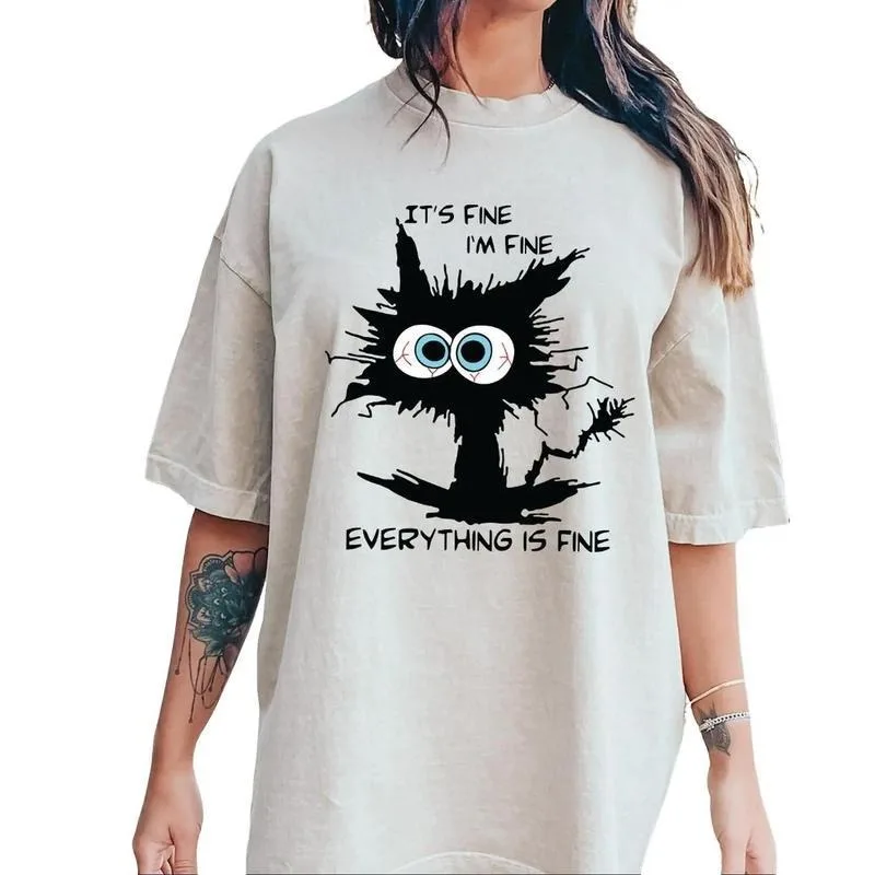 

Funny Stress Relief Graphic Tee It’s Fine I’m Fine Everything Is Fine Cartoon Monster Print Oversized T Shirt Casual Summer Top
