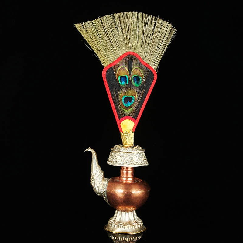 Tantric Tibetan Wamba Pot Decoration Buddhism Peacock Eye Exquisite Feather Satin Bumba Hand Fan Desktop Home Gift Collectibles