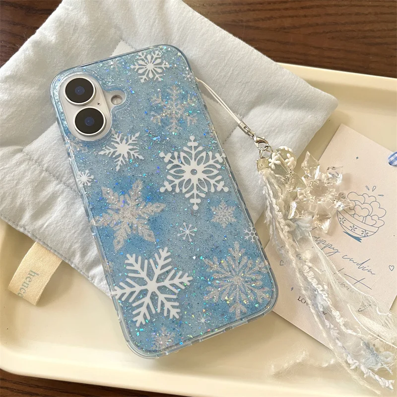 Winter snowflake shimmer glitter Transparent pendant Phone case For iPhone 16 15 14 13 Pro Max Case Cute Luxury Cartoon Cover